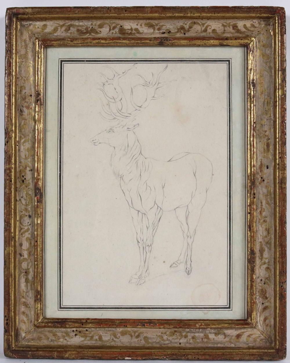 Johann Ridinger comparable auction result: johann ridinger black chalk stag looking left