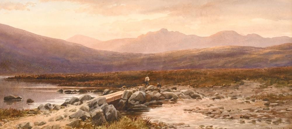 Ebenezer Alfred Warmington comparable auction result: ebenezer alfred warmington 1830 1903 british a figure and his dog crossing a moorland river watercolour s
