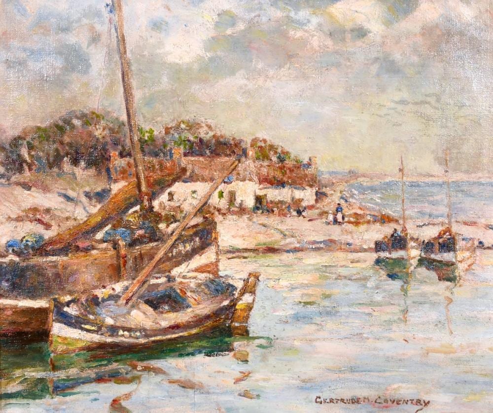 Gertrude Mary Coventry comparable auction result: gertrude mary coventry 1886 1964 scottish a coastal scene with boats and figures beyond oil on canvas laid