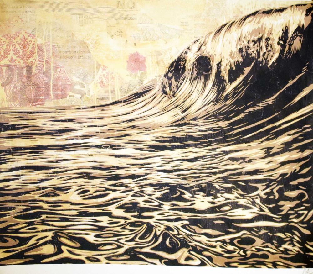 Close-up of a stylized black and beige wave pattern with a large crest, set over a light collage-like background.