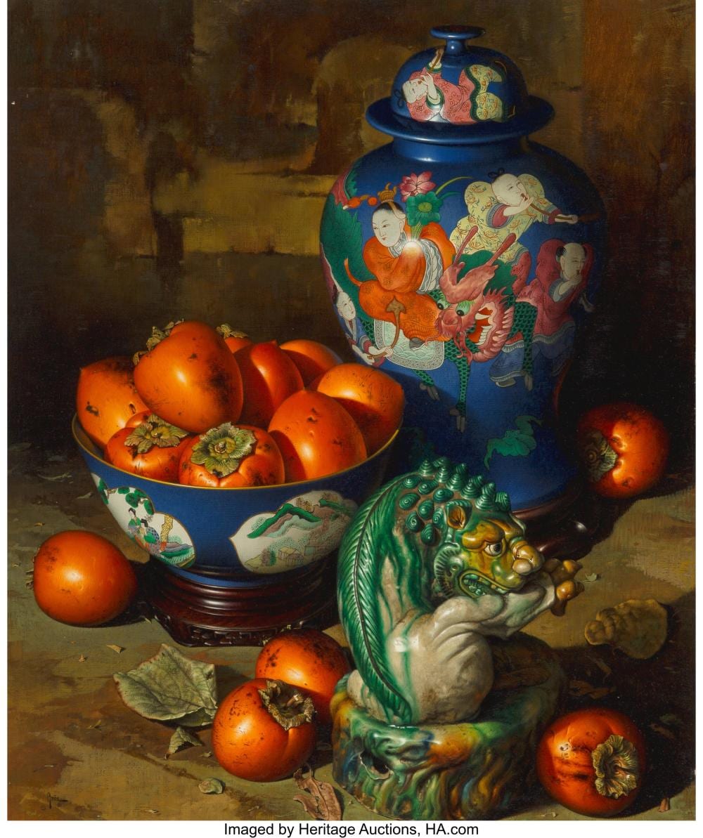 Frederik Ebbesen Grue comparable auction result: frederik ebbesen grue american 1951 1995 foo dog and persimmons 1981 oil on