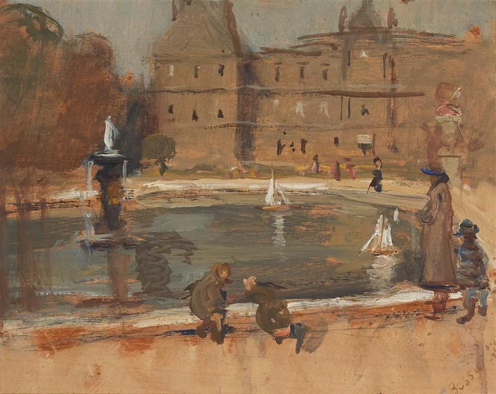 Bessie Gibson comparable auction result: bessie gibson 1868 1961 park scene paris double sided 19 x 24 cm frame 29 x 35 x 3 cm