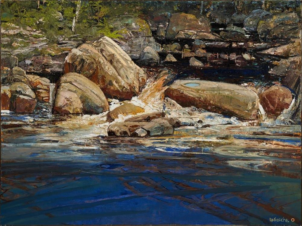 Geoff LaGerche comparable auction result: geoff la gerche 1940 tangamblo creek c1990 182 5 x 244 cm frame 184 x 245 x 4 cm