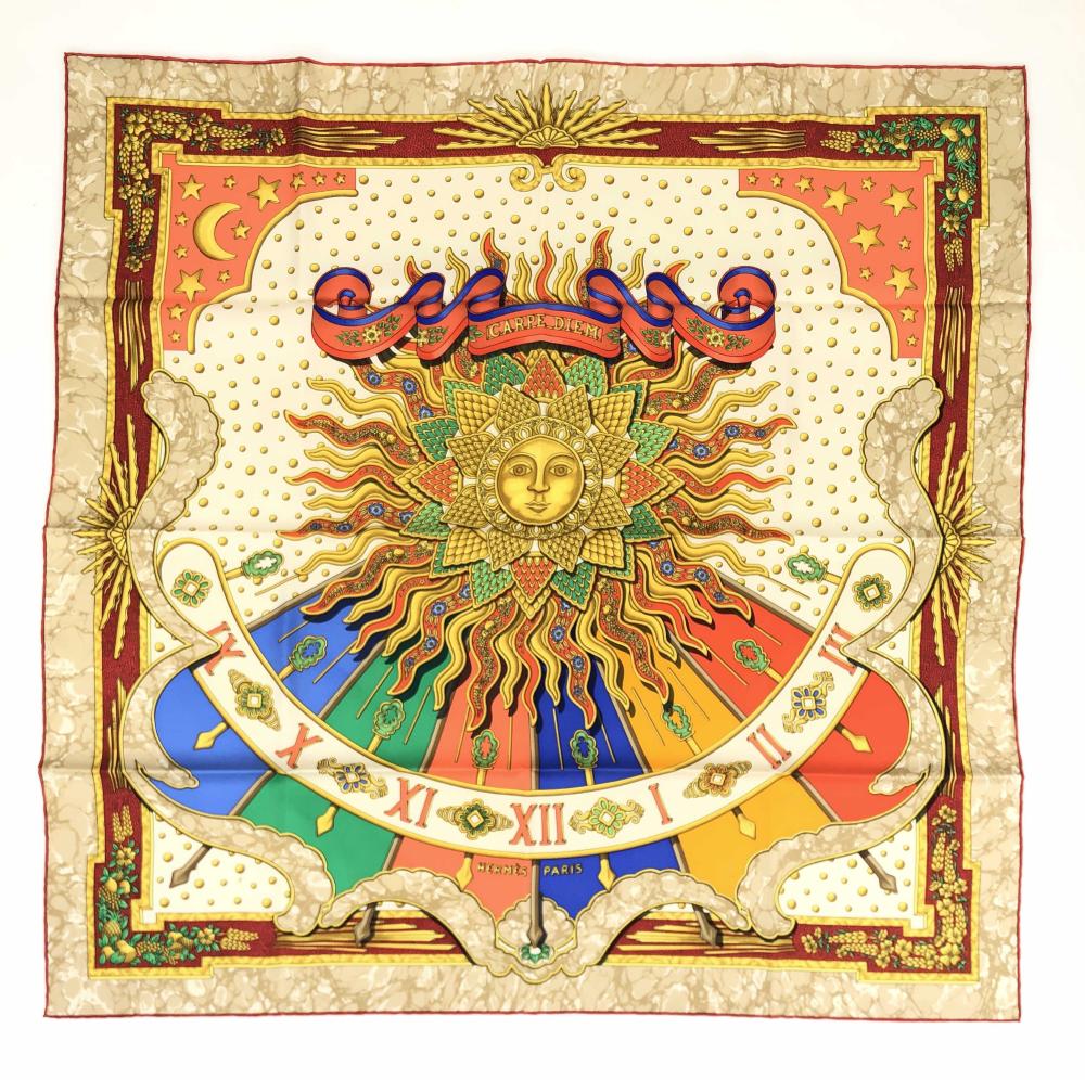 HERMES "CARPE DIEM - GLORIA SOLI" SILK SCARF sold by Bradford's, lot 1386 — auction record photograph