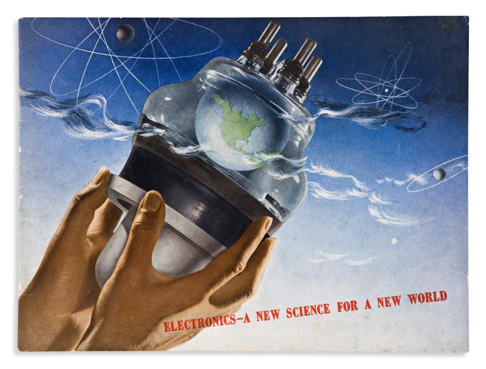 HERBERT BAYER (1900-1985). G.E. / ELECTRONICS - A NEW SCIENCE FOR A NEW WORLD. Booklet. 1942. 8¼x11 inches, 21x28 cm. General Electric sold by Swann Auction Galleries, lot 256 — auction record photograph