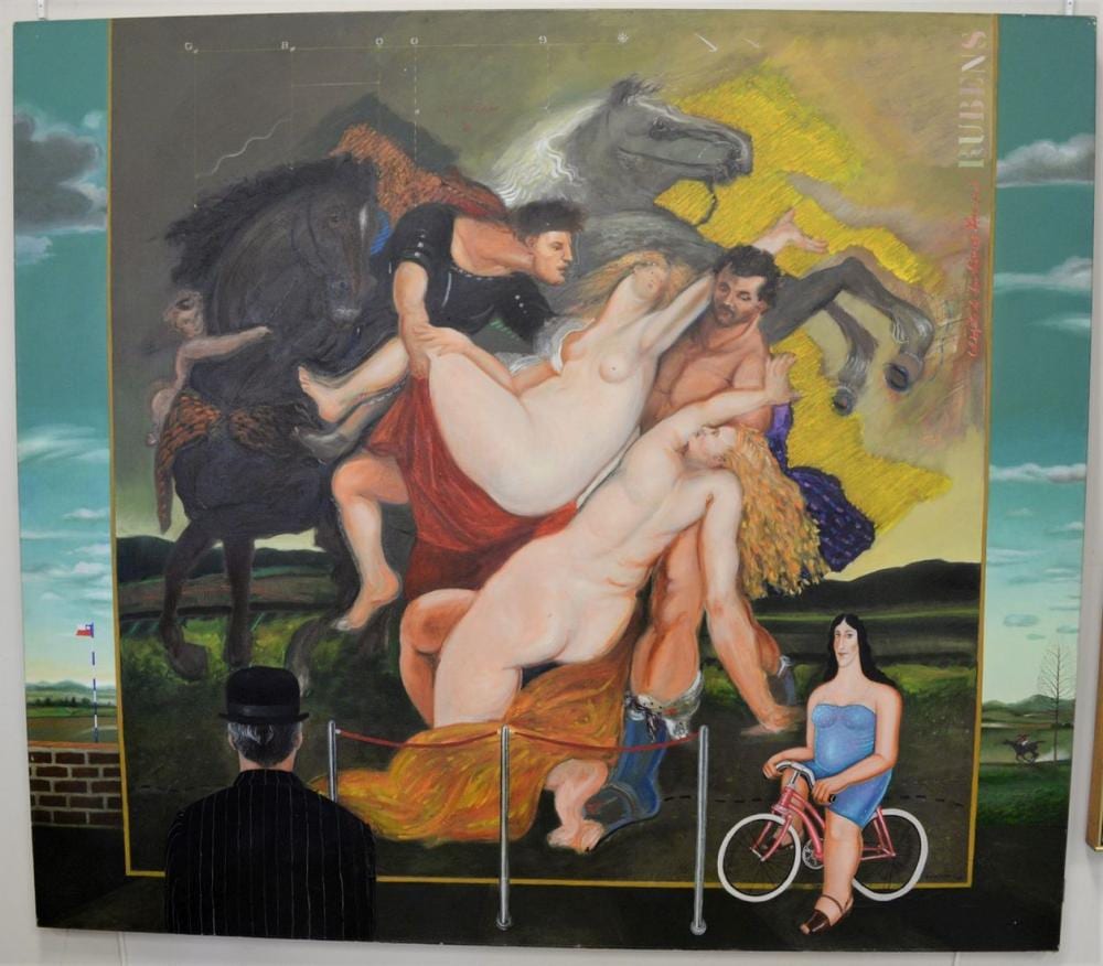 Gonzalo Cienfuegos comparable auction result: gonzalo cienfuegos mexican b 1949 el rapto de las hijas de leucipo 1983 oil on canvas signed and dated g cienfuegos 55 x 63