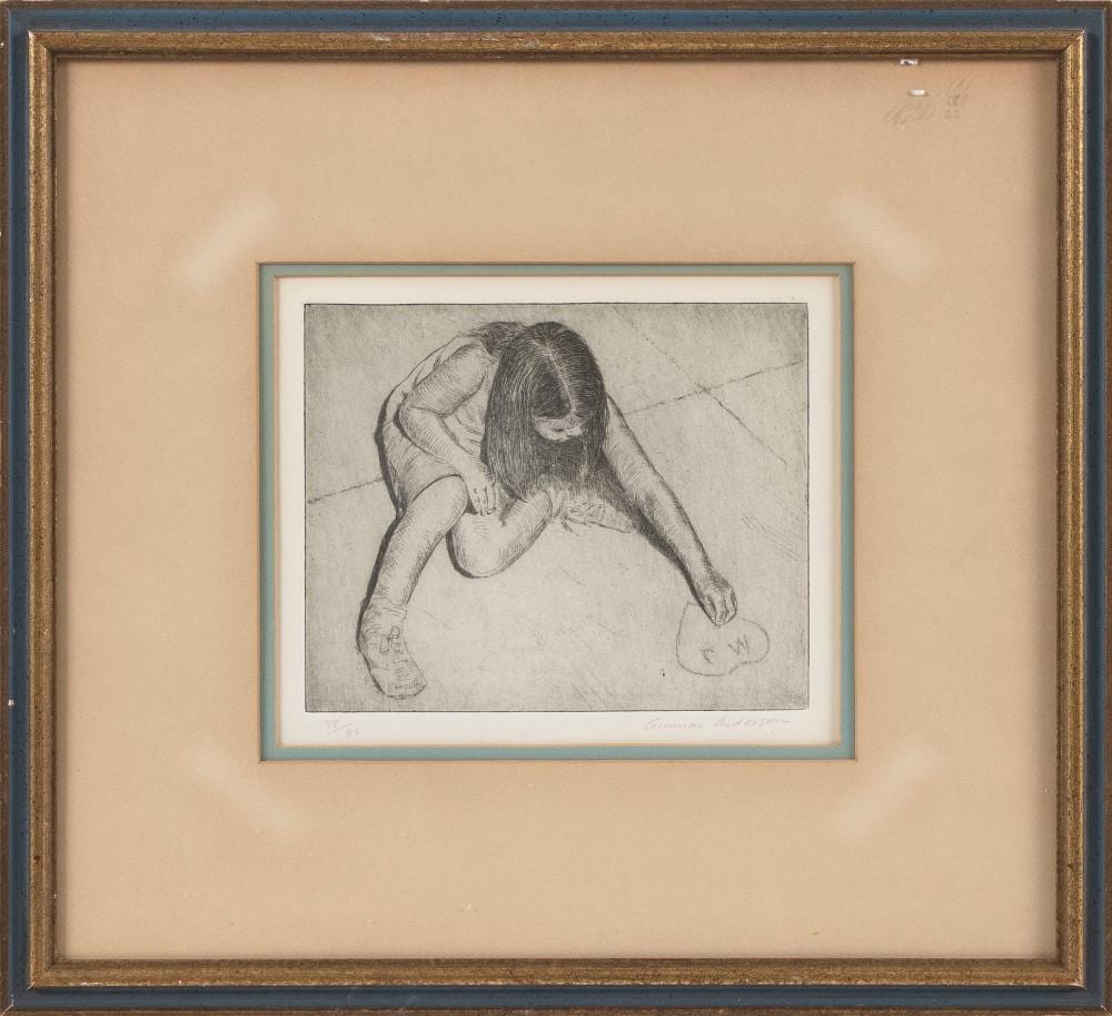 Gunnar Donald Anderson comparable auction result: gunnar donald anderson california new york b 1927 girl drawing on a sidewalk with chalk etching on paper 6 25 x 8 to the plate line framed 15 5 x 17