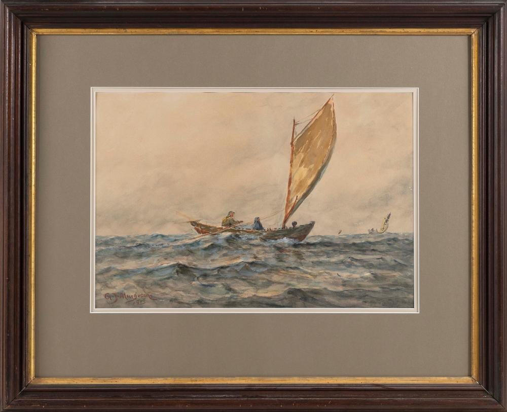 gilbert tucker margeson massachusetts nova scotia 1852 1949 two men in a fishing dory watercolor on paper 13 75 x 20 sight framed 26 x 32 · Eldred's · 2021-05-27 Gilbert Tucker Margeson comparable auction result: gilbert tucker margeson massachusetts nova scotia 1852 1949 two men in a fishing dory watercolor on paper 13 75 x 20 sight framed 26 x 32