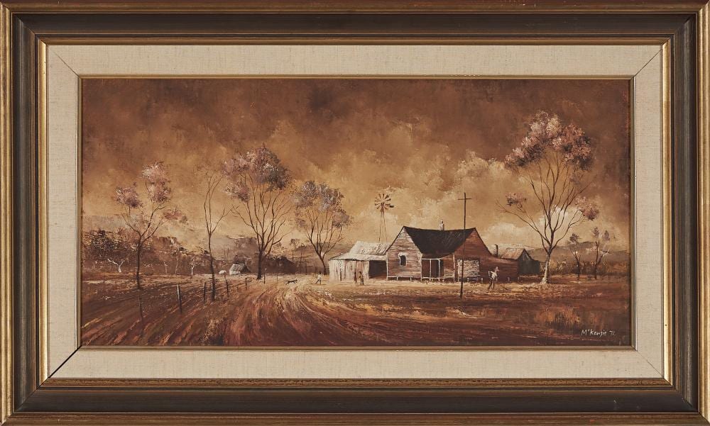 Stuart McKenzie Cullen comparable auction result: stuart mckenzie cullen 1933 country cottage by the track 1971 oil on canvas laid on board 28 5 x 59 5 cm frame 46 x 76 x 3 c