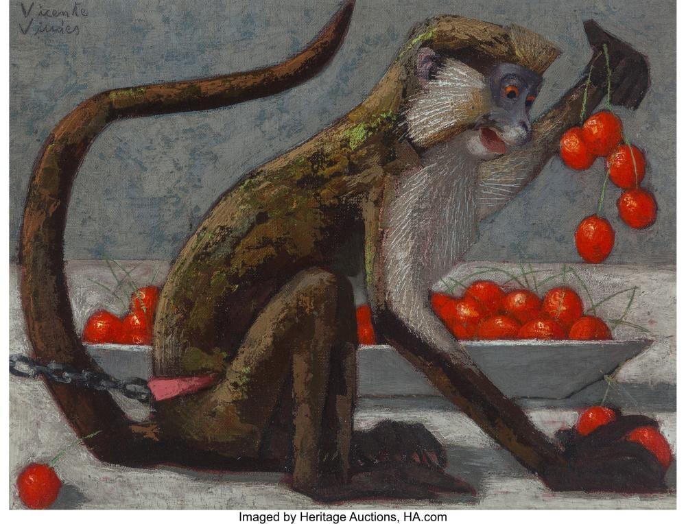 vicente viudes spanish 1916 1984 monkey with cherries oil on canvas 10 1 4 x · Heritage Auctions · 2021-05-14 Vicente Viudes comparable auction result: vicente viudes spanish 1916 1984 monkey with cherries oil on canvas 10 1 4 x
