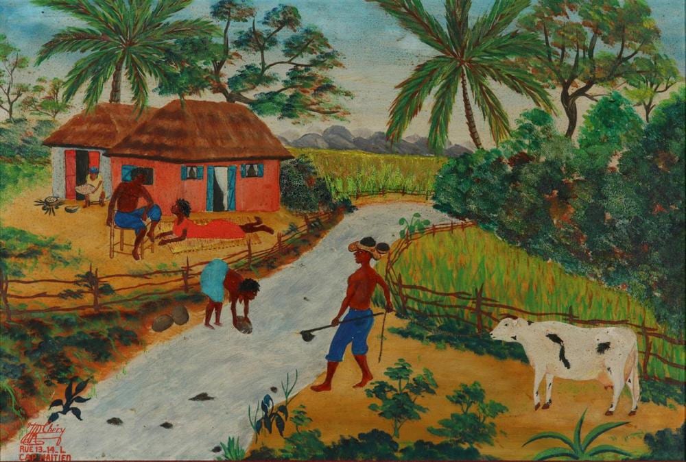 Jean Rene Chery comparable auction result: jean rene chery haitian b 1928 rue 13 14 l cap haitien oil on board framed 13 3 16 x 19 9 16 sight 14 7 16 x 20 7 8 frame