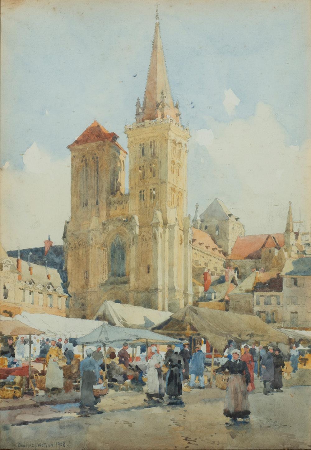 Charles John Watson comparable auction result: charles john watson br 1846 1927 market day lisieux 1908 watercolor on paper framed under glass 12 3 4 x 9 1 8 sight 17 3 4