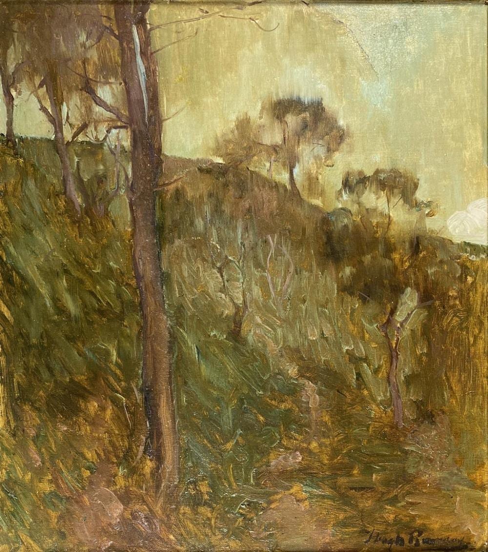 Hugh Ramsay comparable auction result: hugh ramsay 1877 1906 hillside bush landscape c 1897 oil on canvas relined