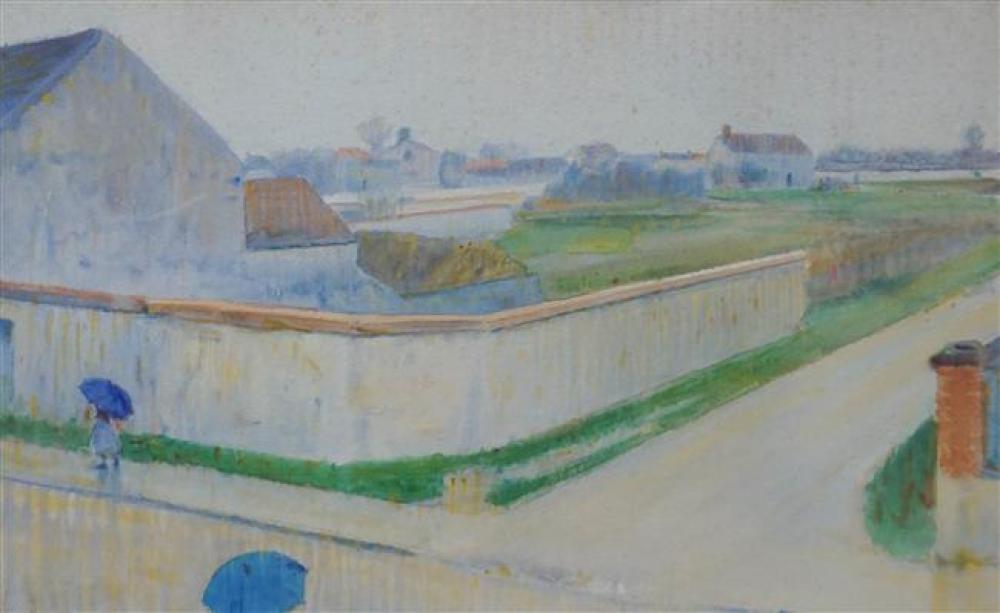 Dodge McKnight comparable auction result: dodge mcknight american 1860 1950 rainy day in village watercolor framed 25 x 32 inches prov purchased in boston circa 1920