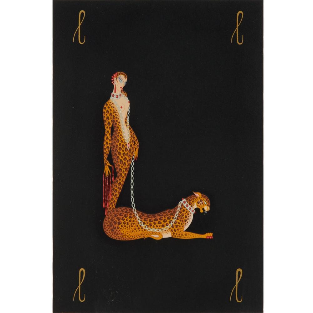 Art print showing a stylized nude woman standing and holding a leopard-print cat on a dark background, with gold signature marks in corners.