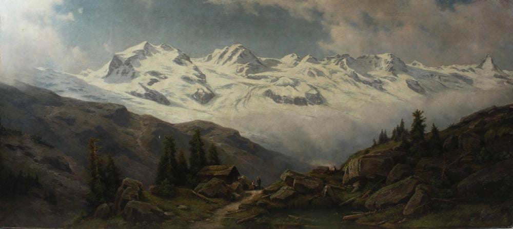 Johann Wilhelm Lindlar comparable auction result: johann wilhelm lindlar landschaftsmaler der d sseldorfer schule 1816 1896 gebirglandschaft mit almh tte und figuren 1890 l auf leinwand