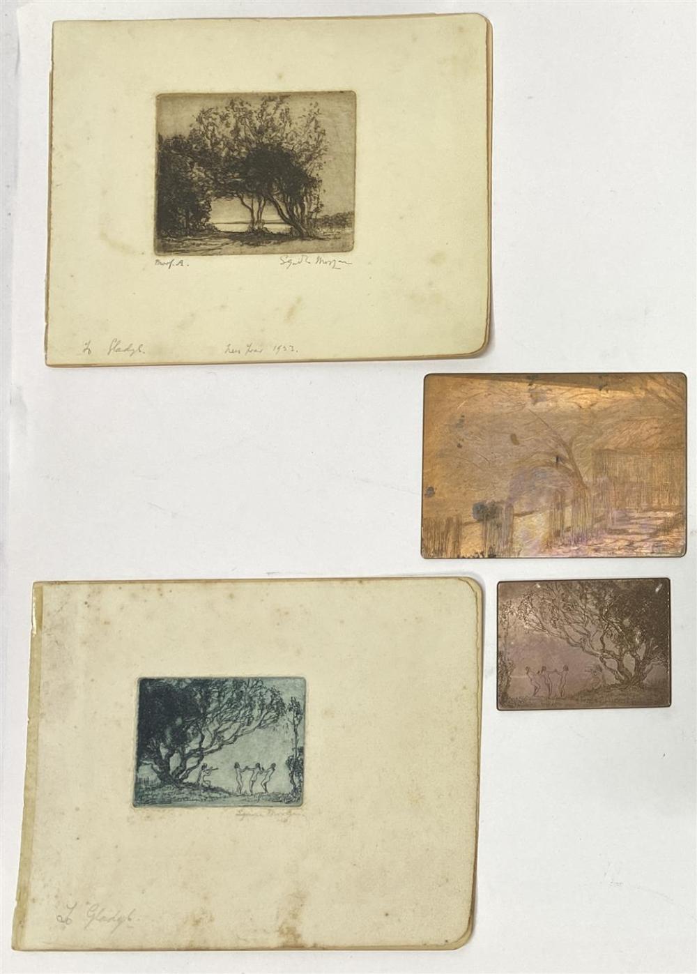 James Squire Morgan comparable auction result: james squire morgan 1866 1974 dancing to the pan pipes corner of the barn view to the beach 1923 4 copper etching plates e
