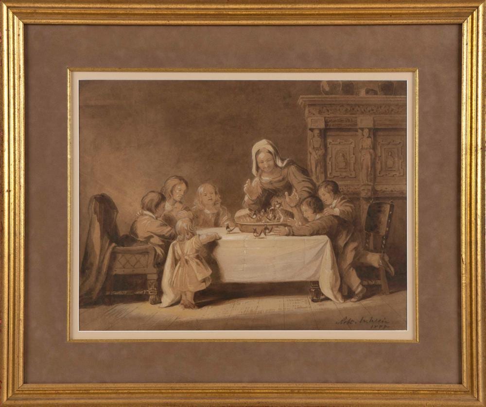 Robert Walter Weir comparable auction result: robert walter weir new york 1803 1889 genre scene with a mother and children around a blackbird pie sepia wash 15 5 x 20 5 sight framed 25 x 30