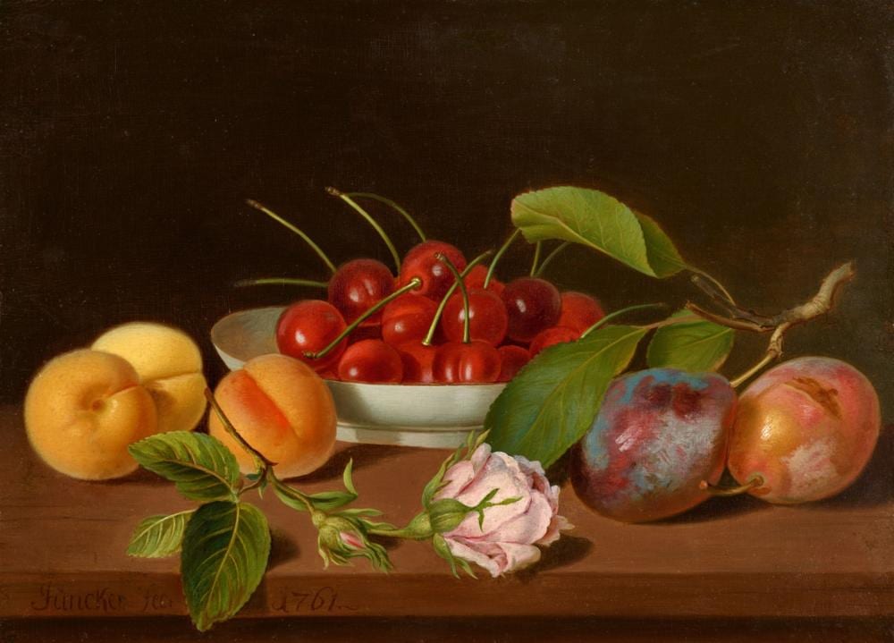 Justus Juncker comparable auction result: justus juncker still life with a bowle of cherries apricots a plum branch and a rose