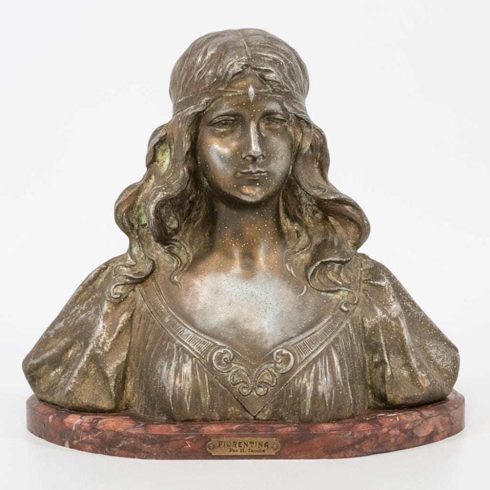 Henri Jacobs comparable auction result: henri jacobs 1864 1935 fiorentina a bust made of tin and standing on a marble base 13 x 25 x 23 5 cm