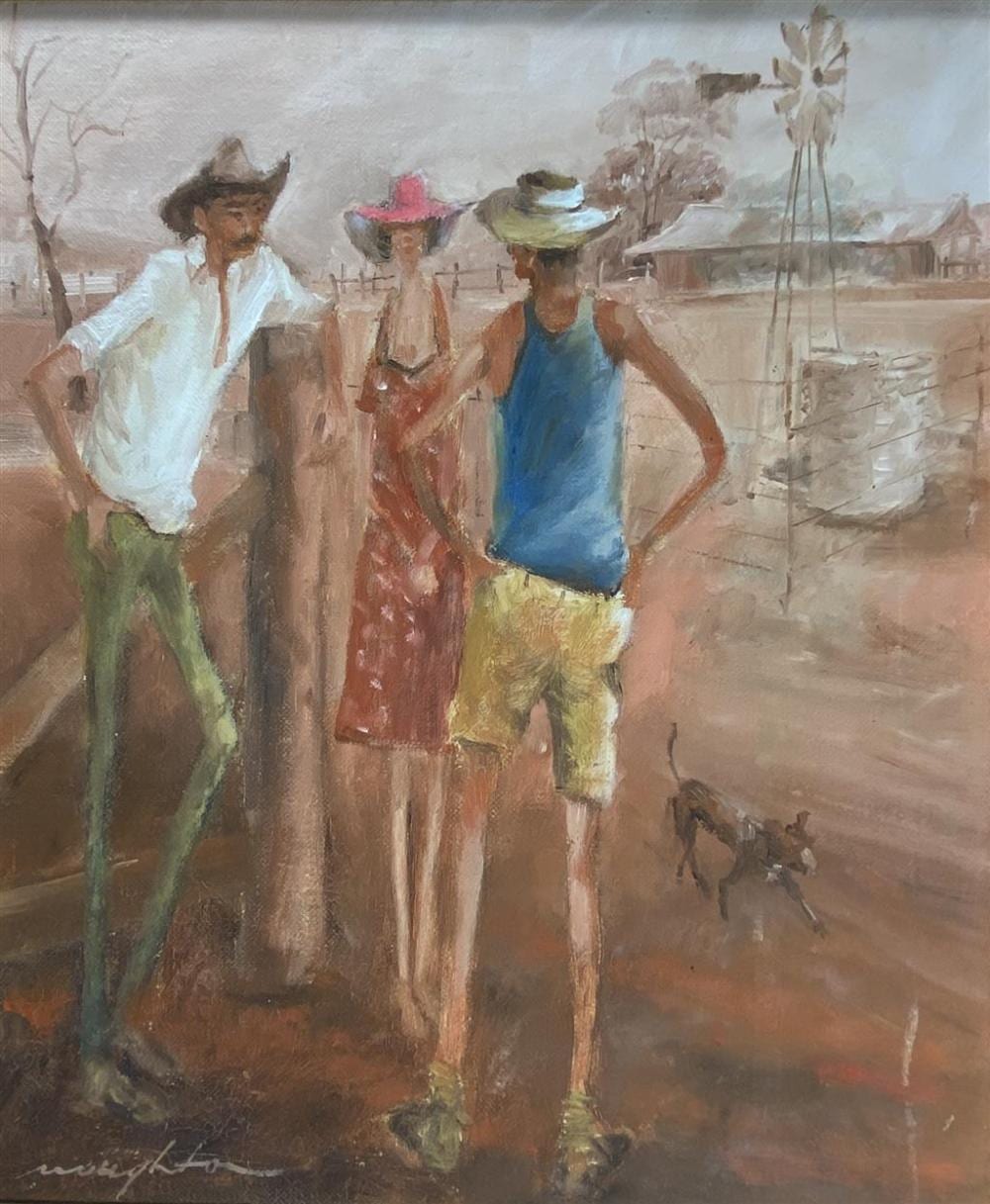 Keith Naughton comparable auction result: keith naughton 1925 2019 farm hand boss oil on canvasboard