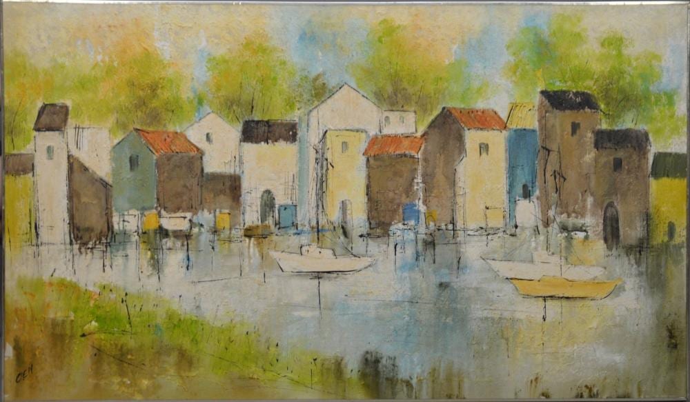 Etta Benjamin Cien comparable auction result: etta benjamin cien 1924 2009 oil on canvas modern houses with a few sailboats signed lower left 30 x 54 inches