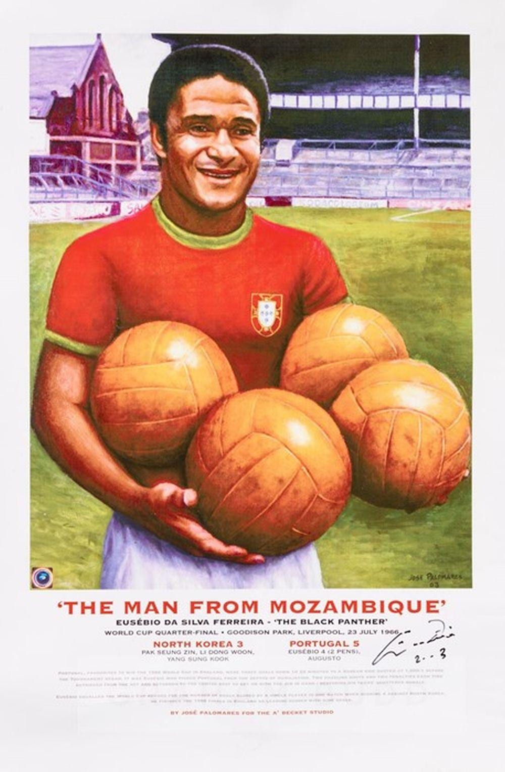 Joseph-Marie (1716) Vien comparable auction result: eusebio signed 1966 world cup themed print titled the man from mozambique artwork after jose