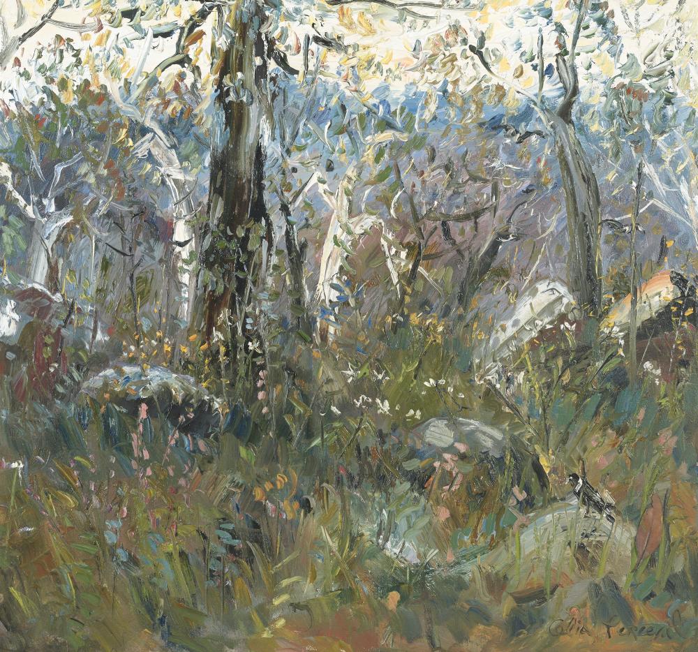 Colorful oil painting landscape with tall trees, blue sky, and a green field with bright sunlit highlights.