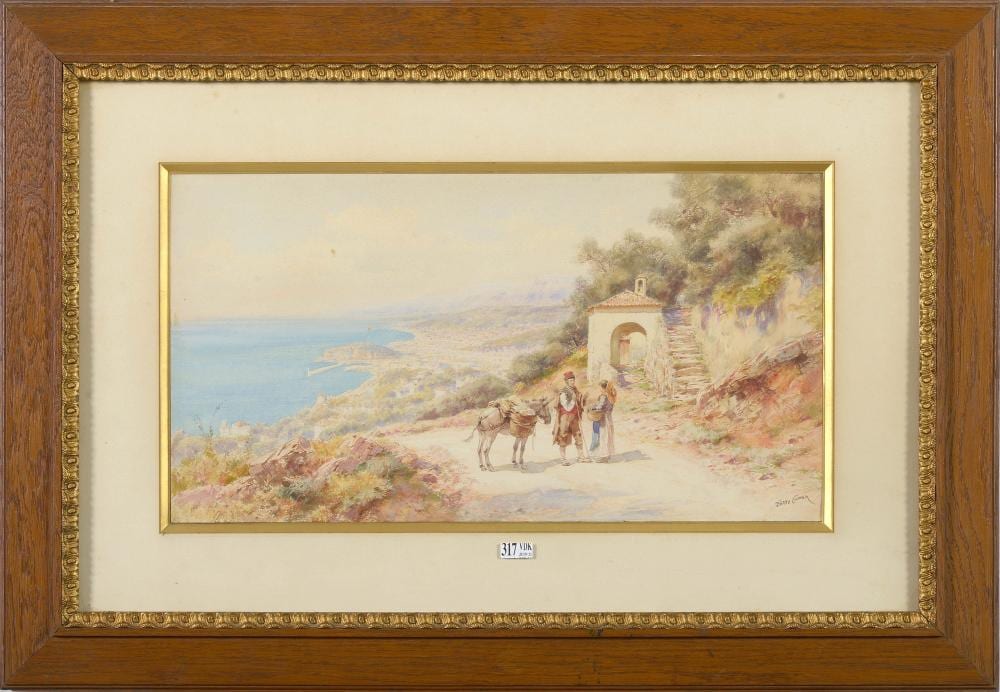 Pierre (1859) Comba comparable auction result: aquarelles la conversation sur fond de paysage la baie de nice aquar