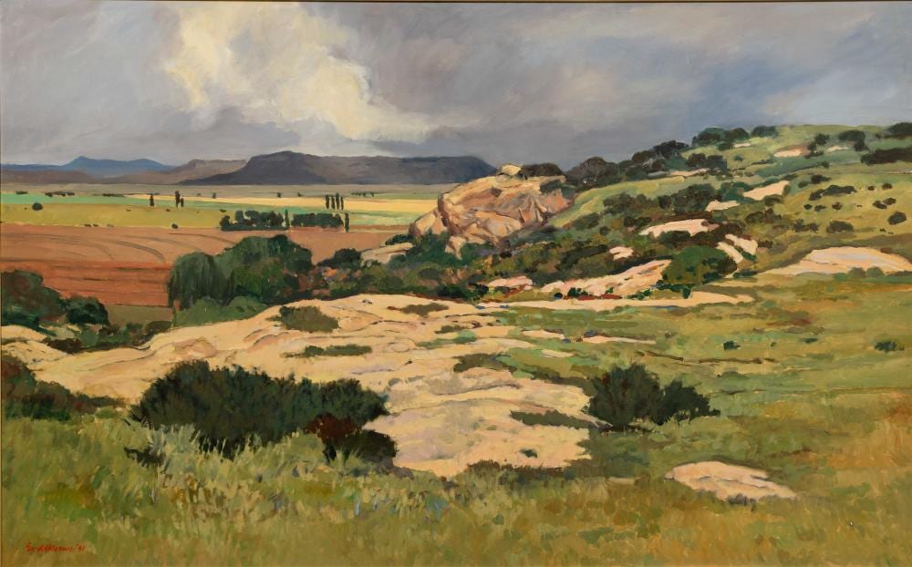 Eben van der Merwe comparable auction result: eben van der merwe sa born 1932 oil rainy day near ficksburg signed dated 91 titled verso 75 x 120