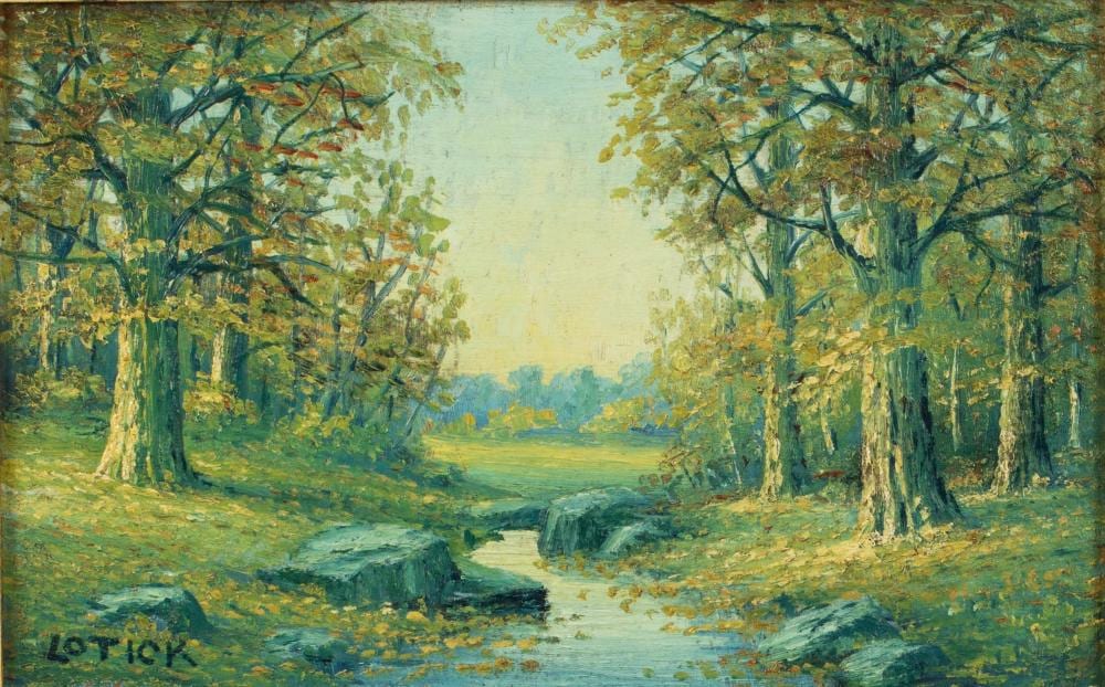 Carl Lotick comparable auction result: carl lotick landscape with river and trees oil on board