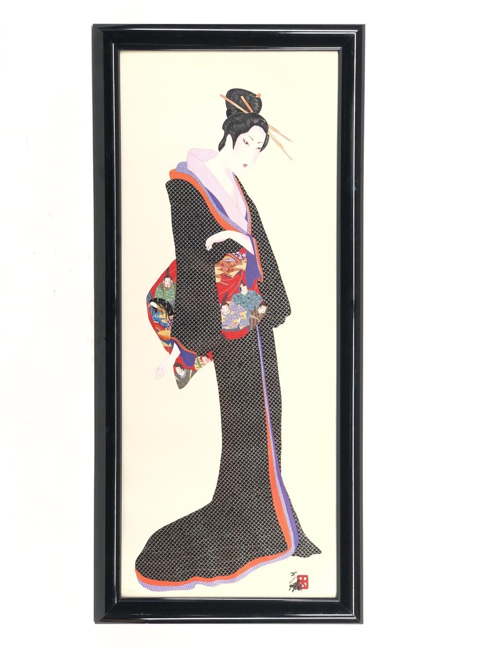 Framed Japanese-style lithograph print of a standing woman in ornate patterned kimono with a black hair bun and red and blue accents.