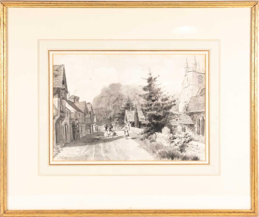 E. Arthur Rowe comparable auction result: ernest arthur rowe 1863 1922 british chiddingstone village kent monochrome watercolour signed and dated 1885 22 5 cm x 32 5 cm framed and glazed