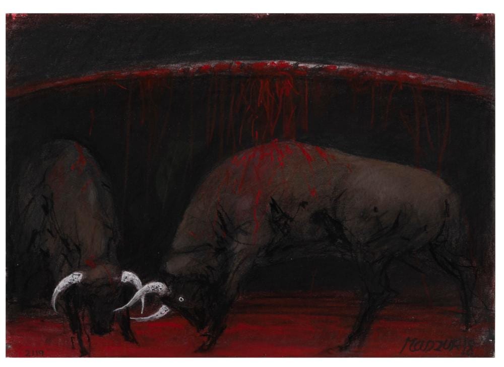 David Manzur (1929) Toros tomando sangre, 2018 Carboncillo y pastel sobre papel Medidas: 29.6 x 42 cm comparable sale