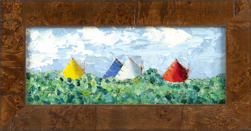 Kevin Doyle comparable auction result: kevin doyle massachusetts b 1942 over the edge of the hedge oil on board 8 x 20 framed 13 x 25