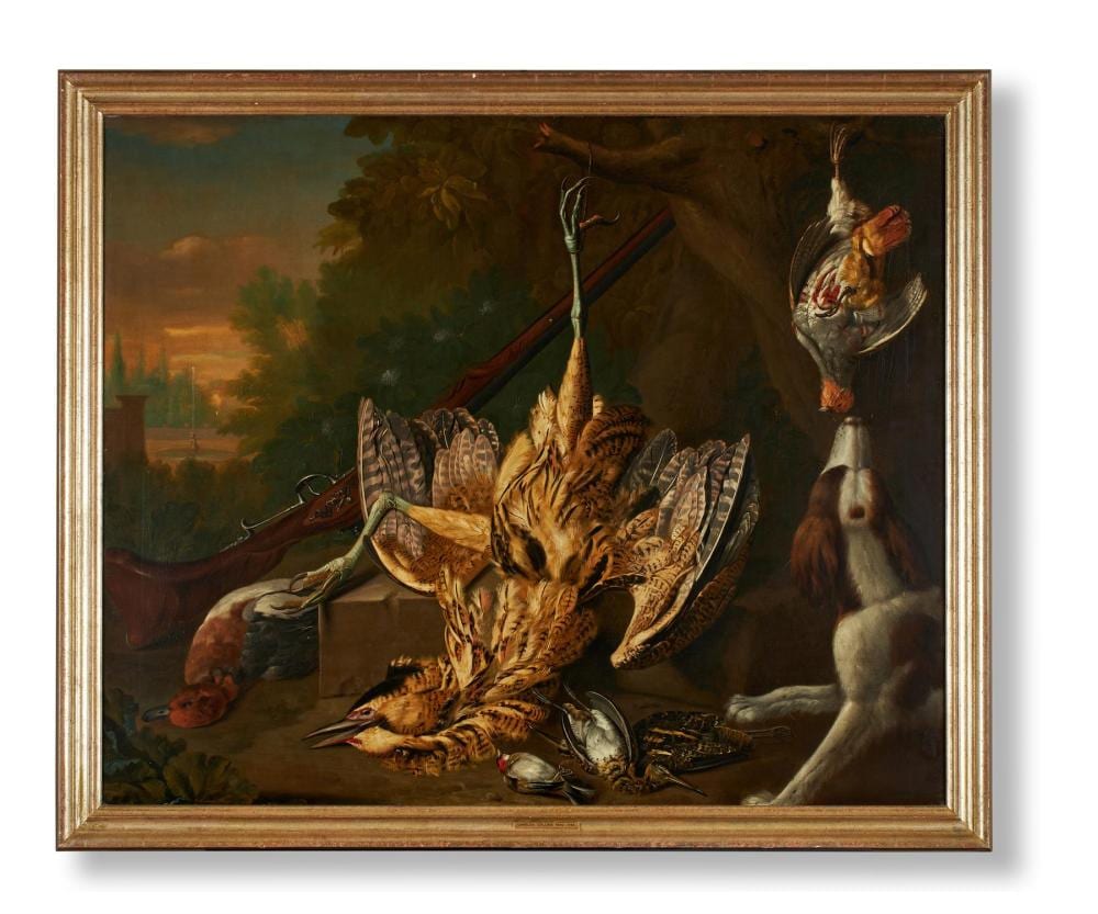 Charles (1851) Collins comparable auction result: charles collins british 1680 1744 dead game bittern snipe partridge with spaniel and gun