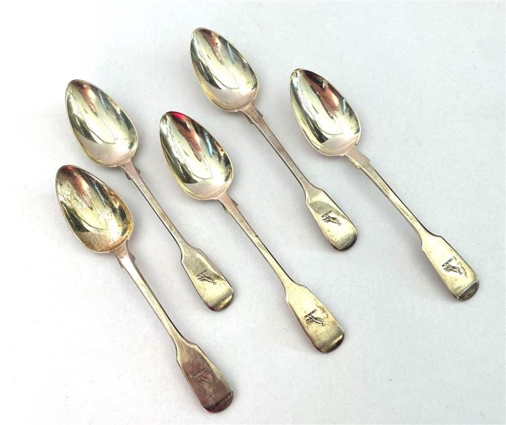 Five Georgian Sterling Silver Teaspoons, Morris & Michael Emanuel, London, 1830 sold by Theodore Bruce Auctioneers & Valuers, lot 4525 — auction record photograph