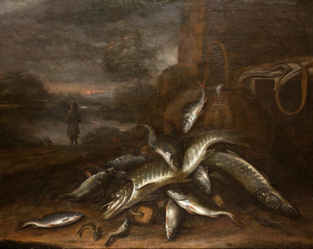 Jakob Gillig comparable auction result: jacob gillig 1636 1701 still life of fish in a landscape signed lower right canvas h 90 cm w 112 cm condition report available on request