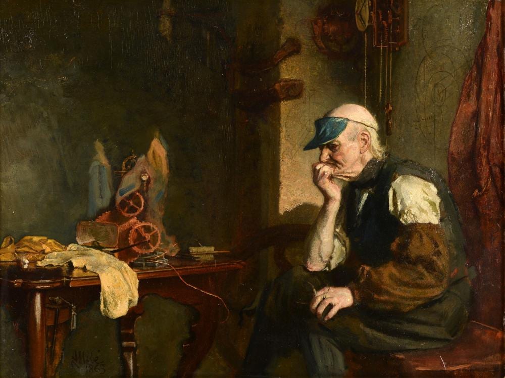 August Allebé comparable auction result: august alleb 1838 1927 the clockmaker signed and dated 1863 lower left panel h 30 cm w 40 cm condition report available on request