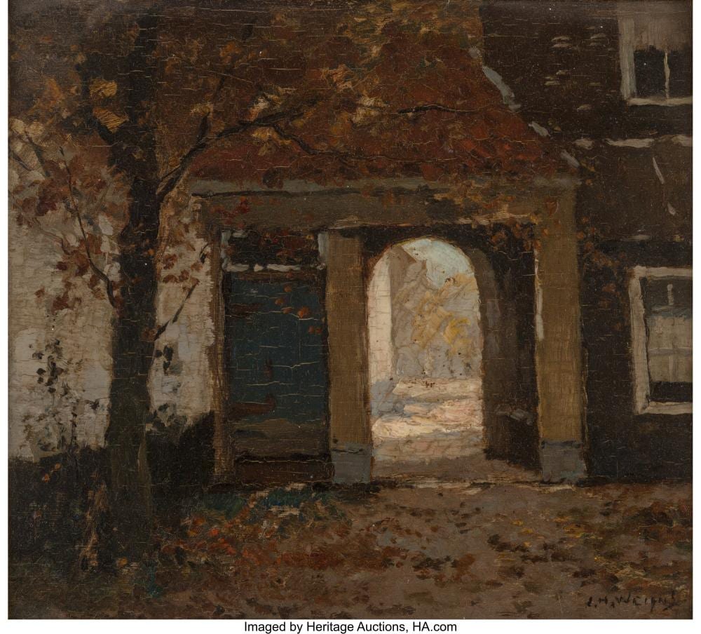 Jan Harm Weyns comparable auction result: jan harm weyns dutch 1864 1945 autumn in the courtyard oil on panel 8 1 8 x 9