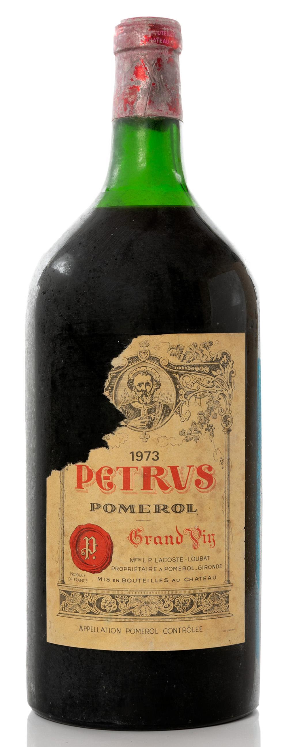 A Double Magnum Petrus Grand Vin bottle, vintage 1973. Category: red wine. A.O.C. Pomerol, Bordeaux. 3 L. With its wooden case. Level: C-D. sold by Setdart Auction House, lot 58 — auction record photograph