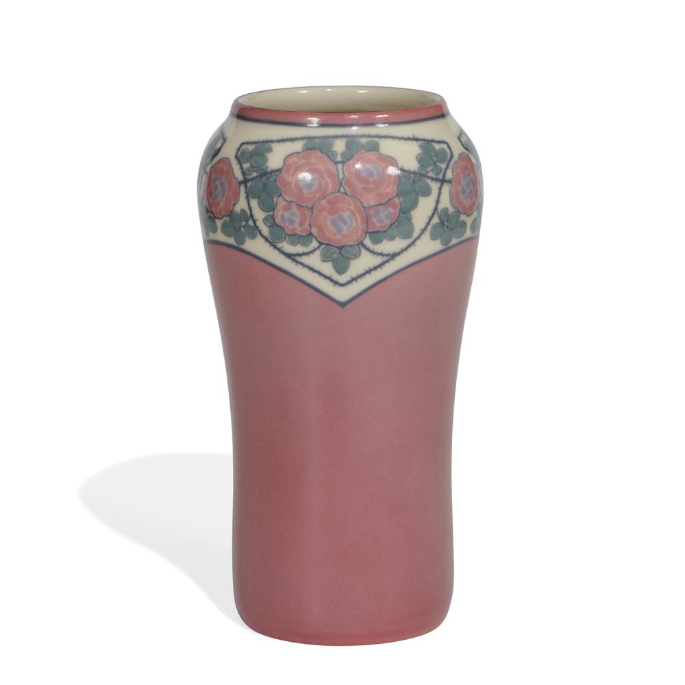 Harriet E. Wilcox comparable auction result: harriet e wilcox 1869 1943 for rookwood pottery porcelain vase with three panels of rose decoration shape number 935c 5 1 4 dia