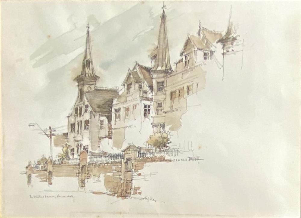 Allan Gamble comparable auction result: allan gamble 1907 2001 the witches houses annandale 1984 pen ink wash
