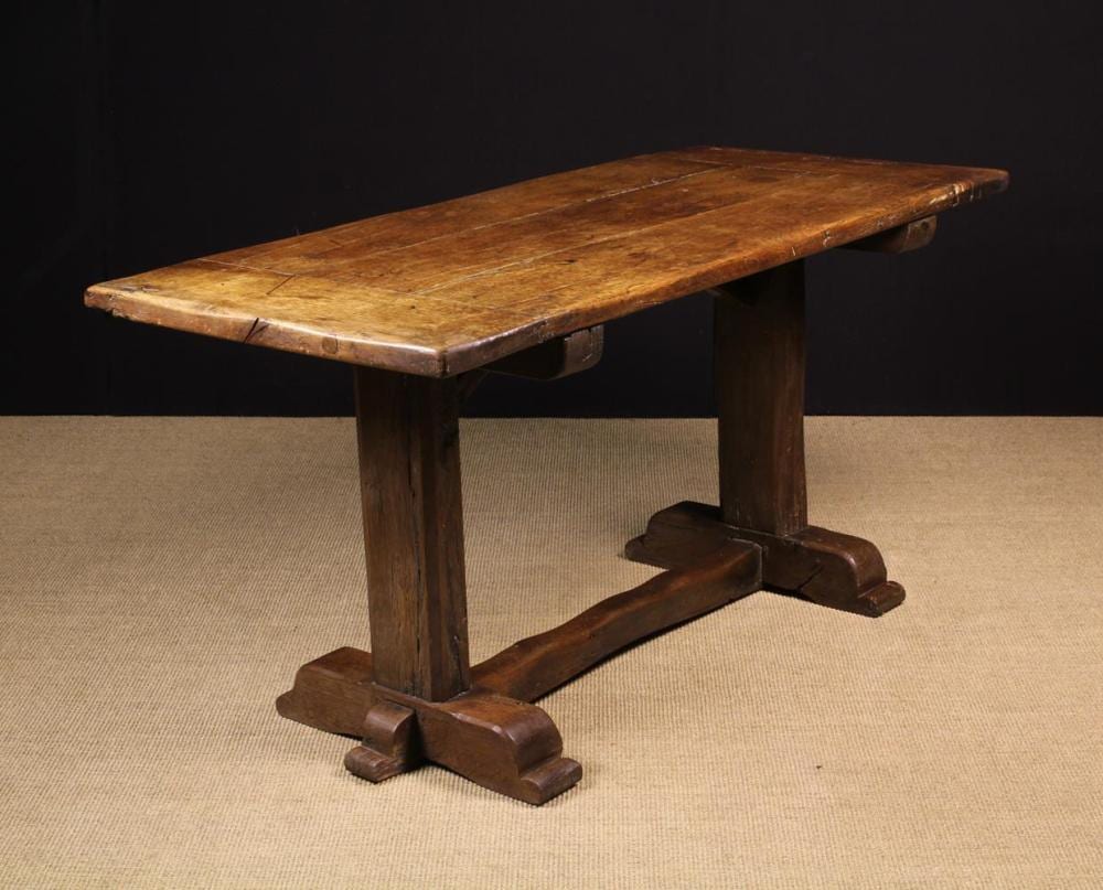 Shaoqi Lai comparable auction result: a fine oak refectory table reduced in length the three plank top with cleated ends supported by sh