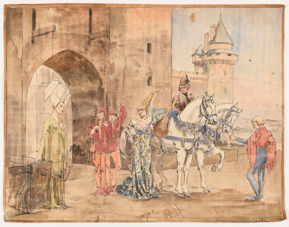 Raphaël Delorme comparable auction result: rapha l delorme 1885 1962 sc ne m di vale anim e l entr e d un ch teau aquarelle et encre sur