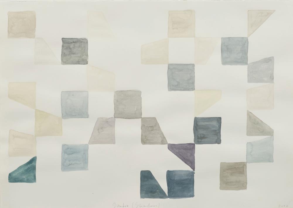 Abstract artwork with overlapping translucent squares and rectangles in gray, blue, and cream tones arranged across a white background.