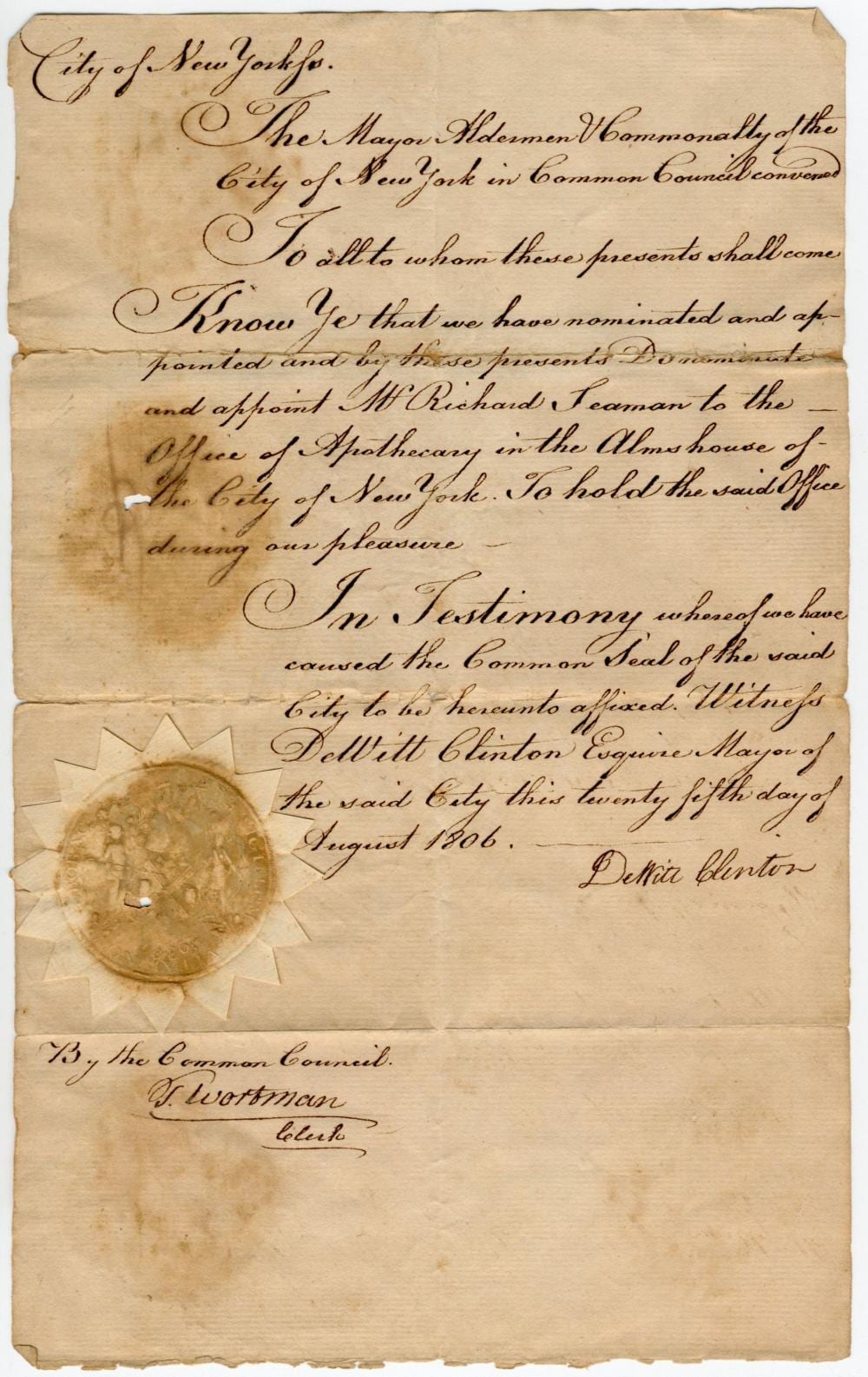 Dewitt Clinton comparable auction result: dewitt clinton nyc mayor appoints apothecary in the almshouse of the city of new york