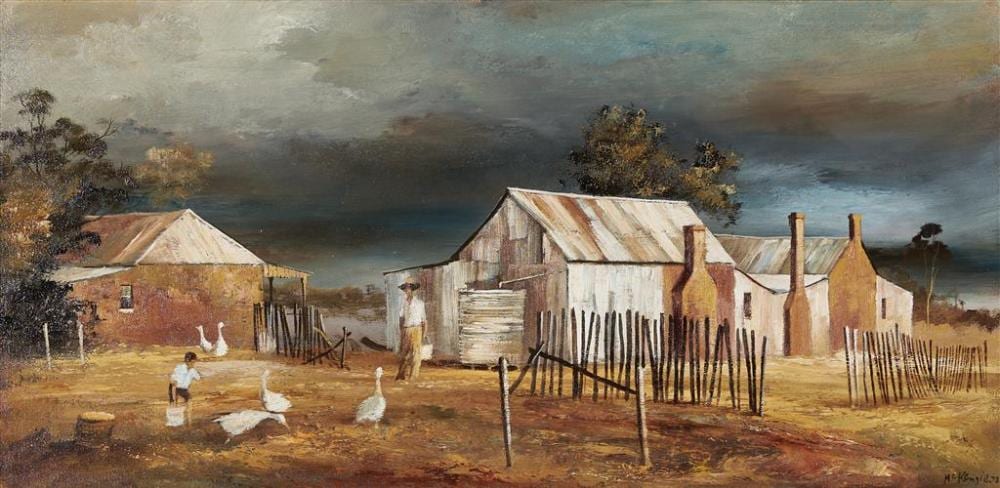 Stuart McKenzie Cullen comparable auction result: stuart mckenzie cullen 1933 a hill end farm 1973 oil on board 29 x 59 5 cm frame 45 x 75 x 5 cm signed and dated lower right