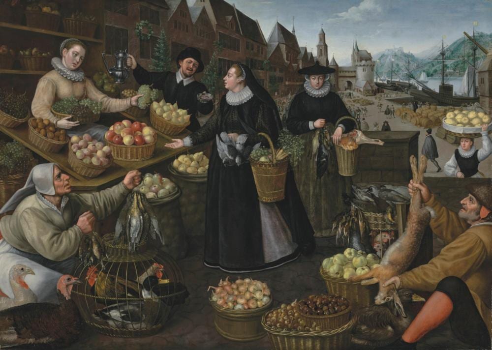 Lucas van Valckenborch comparable auction result: lucas van valckenborch malines c 1535 1597 frankfurt and georg flegel allegory of autumn a fruit and vegetable stall above the weinmarkt in