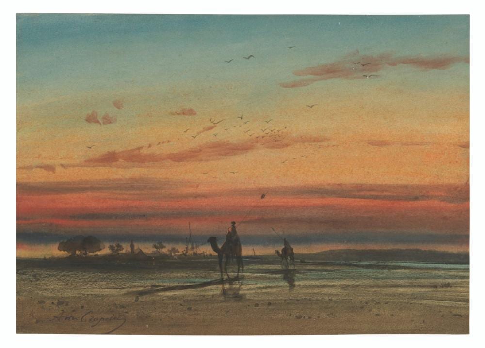 Louis-Amable Crapelet comparable auction result: louis amable crapelet auxerre 1822 1867 marseille sunset in egypt with two bedouins on camels